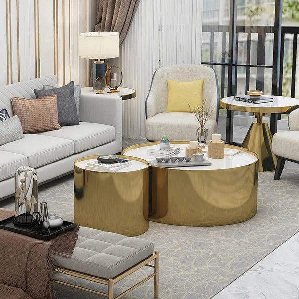 Luxury Coffee Table Set – Sintered Stone Top with Gold Metal Frame | Modern Contemporary Living Room Center & Side Tables Set | Durable Designer Coffee Table Furniture - Sleek Furniture