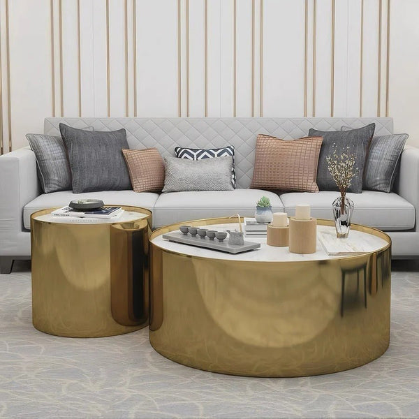 Luxury Coffee Table Set – Sintered Stone Top with Gold Metal Frame | Modern Contemporary Living Room Center & Side Tables Set | Durable Designer Coffee Table Furniture - Sleek Furniture
