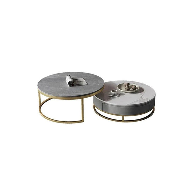 Lvinta Grey Round Nesting Coffee Table Set with Gold Base | Modern Sintered Stone Top Coffee Tables with TV Stand Function | Contemporary Living Room Center Tables - Sleek Furniture