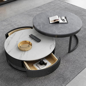 Lvinta Grey Round Nesting Coffee Table Set with Gold Base | Modern Sintered Stone Top Coffee Tables with TV Stand Function | Contemporary Living Room Center Tables - Sleek Furniture