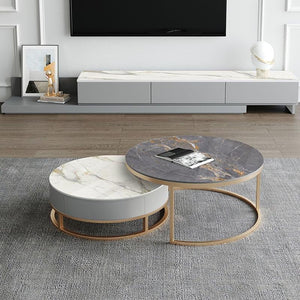 Lvinta Grey Round Nesting Coffee Table Set with Gold Base | Modern Sintered Stone Top Coffee Tables with TV Stand Function | Contemporary Living Room Center Tables - Sleek Furniture