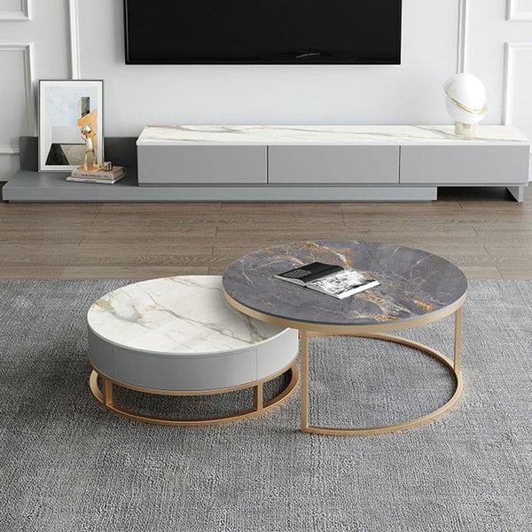 Lvinta Grey Round Nesting Coffee Table Set with Gold Base | Modern Sintered Stone Top Coffee Tables with TV Stand Function | Contemporary Living Room Center Tables - Sleek Furniture