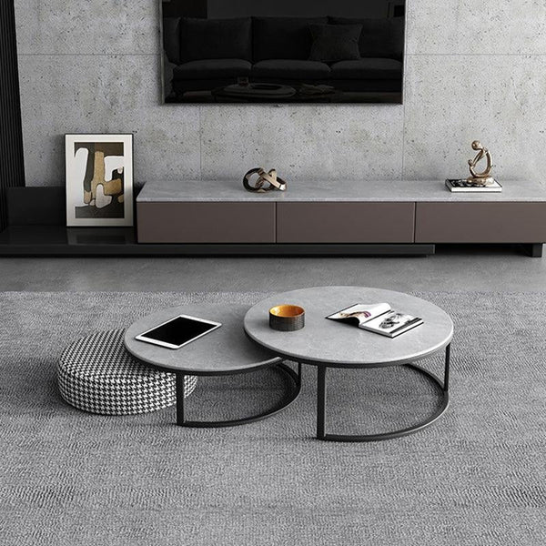 Lvinta Grey Round Nesting Coffee Table Set with Gold Base | Modern Sintered Stone Top Coffee Tables with TV Stand Function | Contemporary Living Room Center Tables - Sleek Furniture