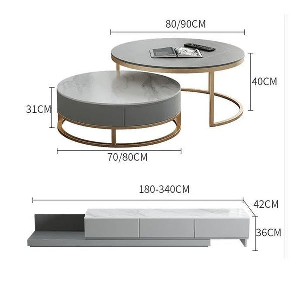Lvinta Grey Round Nesting Coffee Table Set with Gold Base | Modern Sintered Stone Top Coffee Tables with TV Stand Function | Contemporary Living Room Center Tables - Sleek Furniture