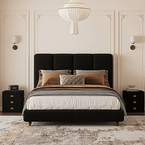 Lysander King Size Upholstered Bed Frame – Black Wooden Structure with Soft Flannelette Finish, Contemporary Modern Bedroom Bed (Mattress Not Included) - Sleek Furniture