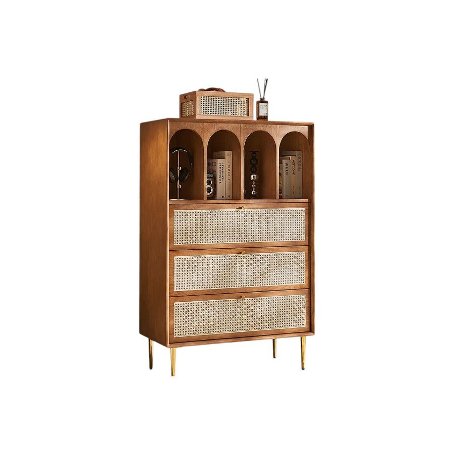 Maasai Tall Sideboard Cabinet – Solid Wood & Rattan Storage Unit, Contemporary Vertical Storage Cupboard, Cherrywood Finish - Sleek Furniture