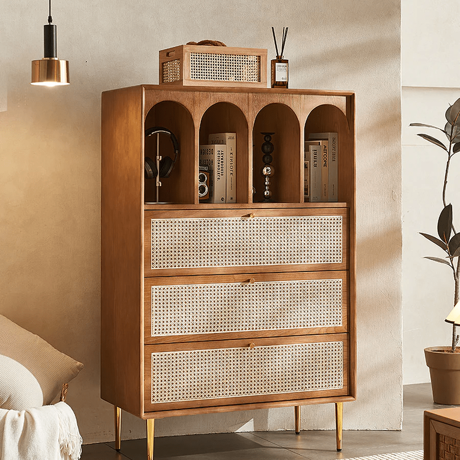 Maasai Tall Sideboard Cabinet – Solid Wood & Rattan Storage Unit, Contemporary Vertical Storage Cupboard, Cherrywood Finish - Sleek Furniture