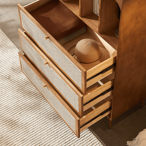Maasai Tall Sideboard Cabinet – Solid Wood & Rattan Storage Unit, Contemporary Vertical Storage Cupboard, Cherrywood Finish - Sleek Furniture