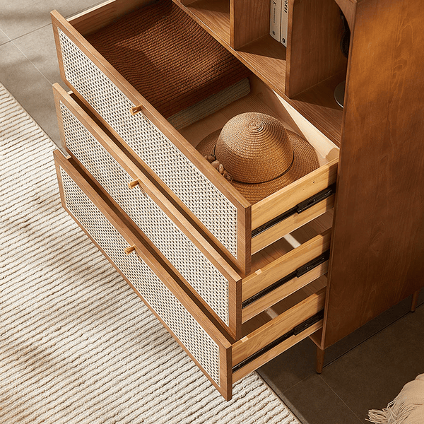 Maasai Tall Sideboard Cabinet – Solid Wood & Rattan Storage Unit, Contemporary Vertical Storage Cupboard, Cherrywood Finish - Sleek Furniture