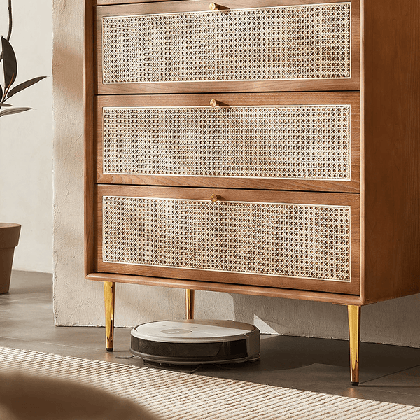 Maasai Tall Sideboard Cabinet – Solid Wood & Rattan Storage Unit, Contemporary Vertical Storage Cupboard, Cherrywood Finish - Sleek Furniture