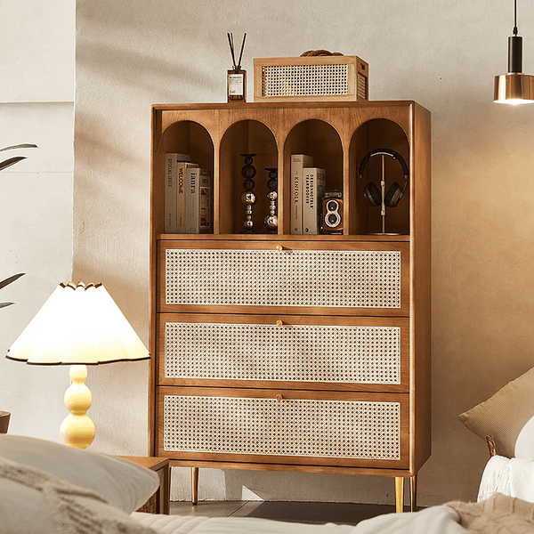 Maasai Tall Sideboard Cabinet – Solid Wood & Rattan Storage Unit, Contemporary Vertical Storage Cupboard, Cherrywood Finish - Sleek Furniture