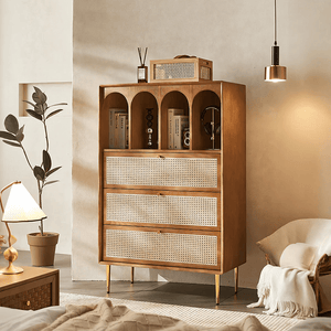 Maasai Tall Sideboard Cabinet – Solid Wood & Rattan Storage Unit, Contemporary Vertical Storage Cupboard, Cherrywood Finish - Sleek Furniture