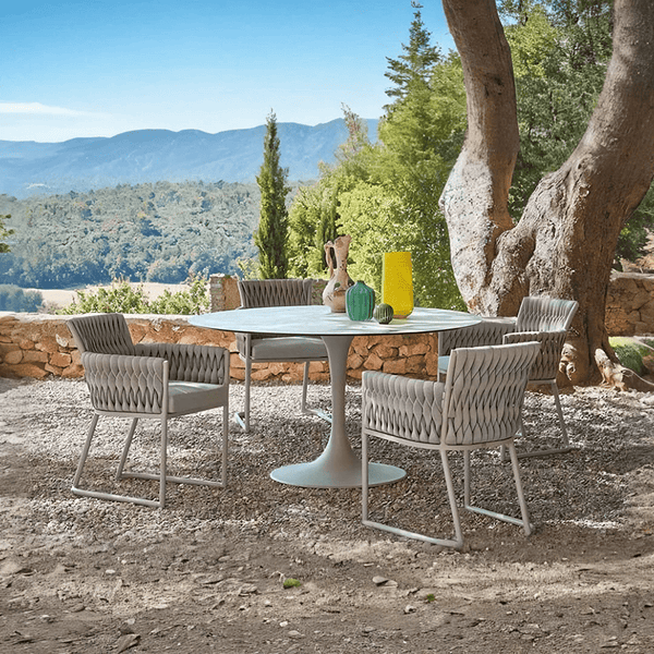 Macleod Garden Dining Table Set Grey Rattan Outdoor Round Dining Table and Chairs Patio Bistro Furniture Set Weather Resistant Garden Seating - Sleek Furniture