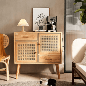 Madeline Small Rattan Sideboard Cabinet – Solid Wood Oak Finish Storage Unit with Natural Rattan Doors, Modern Contemporary Design - Sleek Furniture