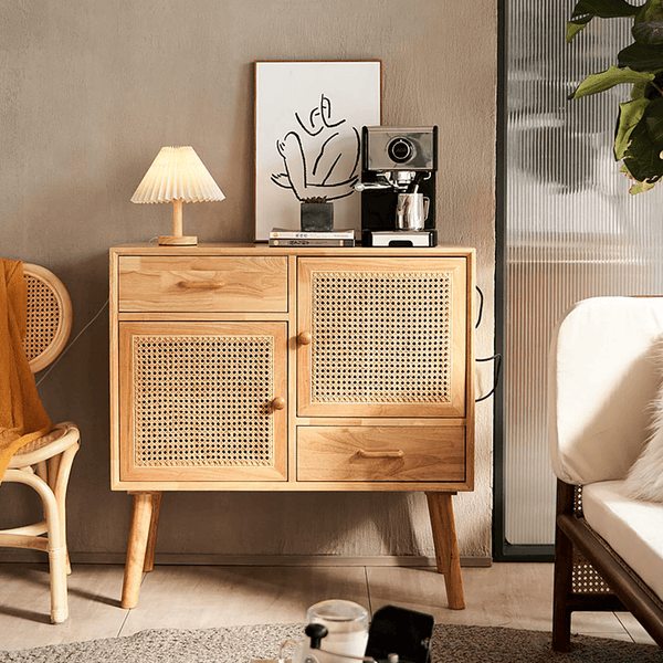 Madeline Small Rattan Sideboard Cabinet – Solid Wood Oak Finish Storage Unit with Natural Rattan Doors, Modern Contemporary Design - Sleek Furniture