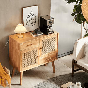 Madeline Small Rattan Sideboard Cabinet – Solid Wood Oak Finish Storage Unit with Natural Rattan Doors, Modern Contemporary Design - Sleek Furniture