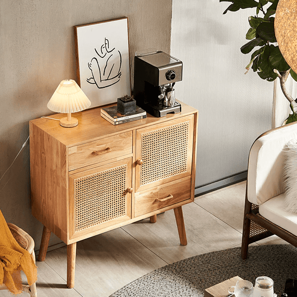 Madeline Small Rattan Sideboard Cabinet – Solid Wood Oak Finish Storage Unit with Natural Rattan Doors, Modern Contemporary Design - Sleek Furniture