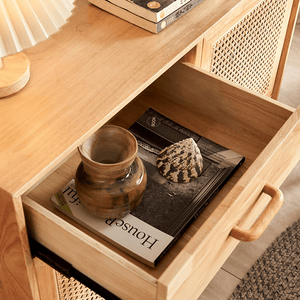 Madeline Small Rattan Sideboard Cabinet – Solid Wood Oak Finish Storage Unit with Natural Rattan Doors, Modern Contemporary Design - Sleek Furniture