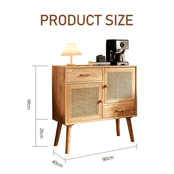 Madeline Small Rattan Sideboard Cabinet – Solid Wood Oak Finish Storage Unit with Natural Rattan Doors, Modern Contemporary Design - Sleek Furniture