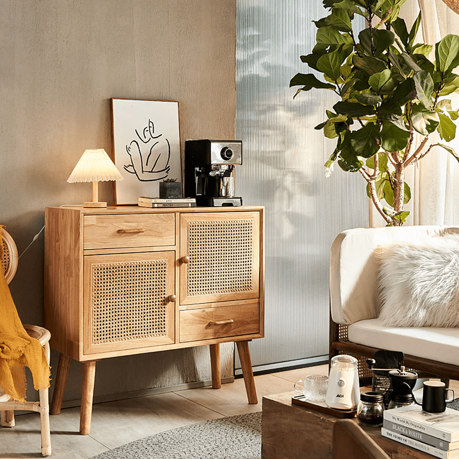 Madeline Small Rattan Sideboard Cabinet – Solid Wood Oak Finish Storage Unit with Natural Rattan Doors, Modern Contemporary Design - Sleek Furniture