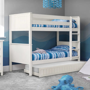 Maine White Wooden Bunk Bed with Convertible Twin Single Design – New England Style Kids & Guest Bed Frame - Sleek Furniture
