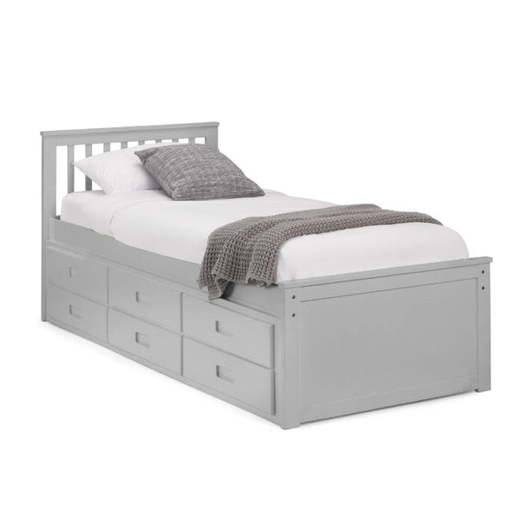 Maisie Light Grey Wooden Captain's Bed with Pull-Out Underbed & Storage Drawers – Single - Sleek Furniture