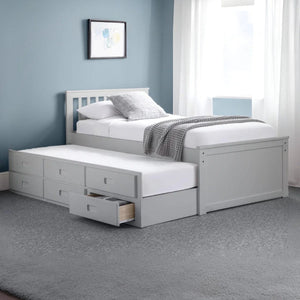 Maisie Light Grey Wooden Captain's Bed with Pull-Out Underbed & Storage Drawers – Single - Sleek Furniture