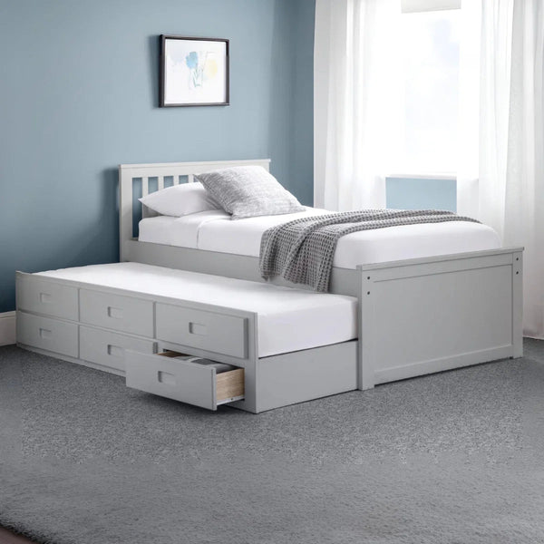 Maisie Light Grey Wooden Captain's Bed with Pull-Out Underbed & Storage Drawers – Single - Sleek Furniture