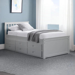 Maisie Light Grey Wooden Captain's Bed with Pull-Out Underbed & Storage Drawers – Single - Sleek Furniture