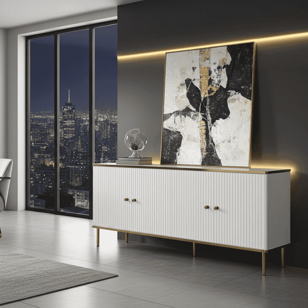 Maison White & Gold 4-Door Wide Sideboard – Elegant Storage Cabinet with Gold Accents, 182cm Wide - My Store