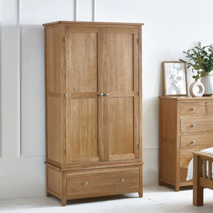 Mallory Solid Oak 2 Door 1 Drawer Wardrobe – Double Wooden Bedroom Storage with Drawer - Sleek Furniture