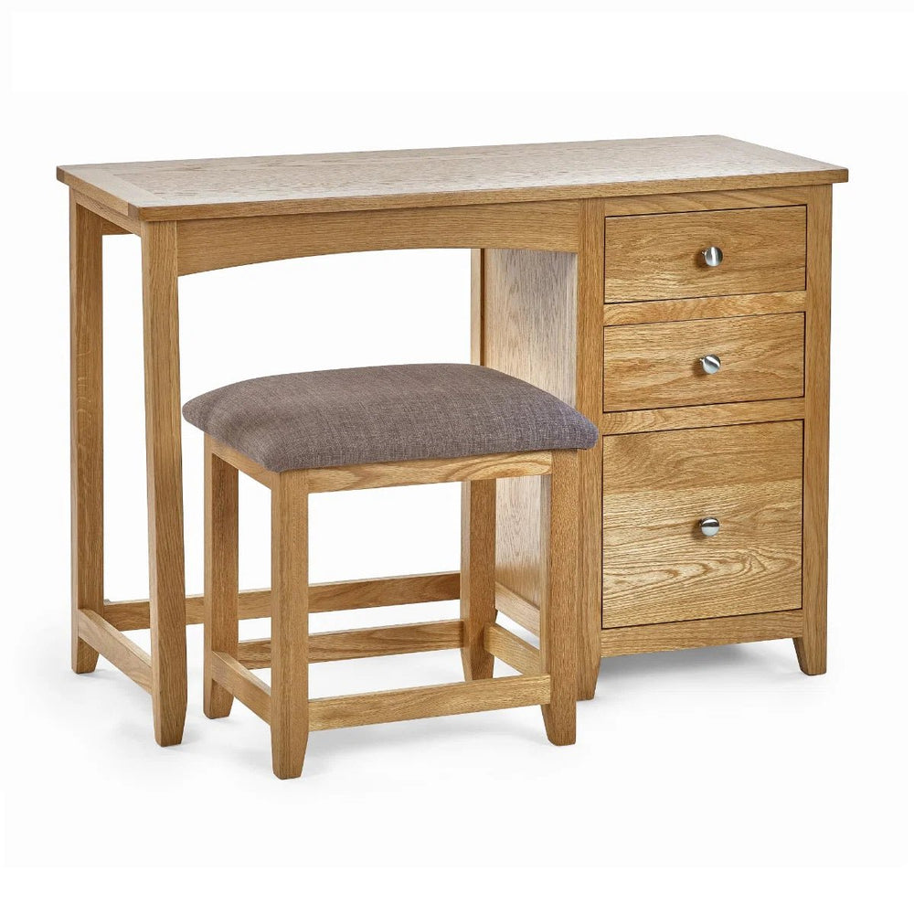 Mallory Solid Oak 3 Drawer Dressing Table with Grey Padded Stool – Oak Veneer Bedroom Vanity Set - Sleek Furniture
