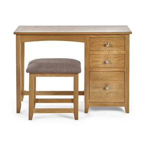 Mallory Solid Oak 3 Drawer Dressing Table with Grey Padded Stool – Oak Veneer Bedroom Vanity Set - Sleek Furniture