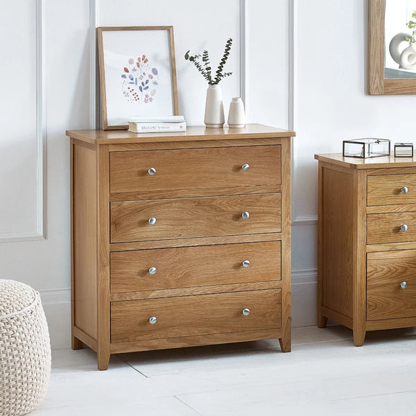Mallory Solid Oak 4 Drawer Chest of Drawers with Silver Knobs - Sleek Furniture