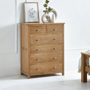 Mallory Solid Oak 6 Drawer Chest (4+2) – Oak Veneer Bedroom Storage Cabinet with Silver Knobs - Sleek Furniture