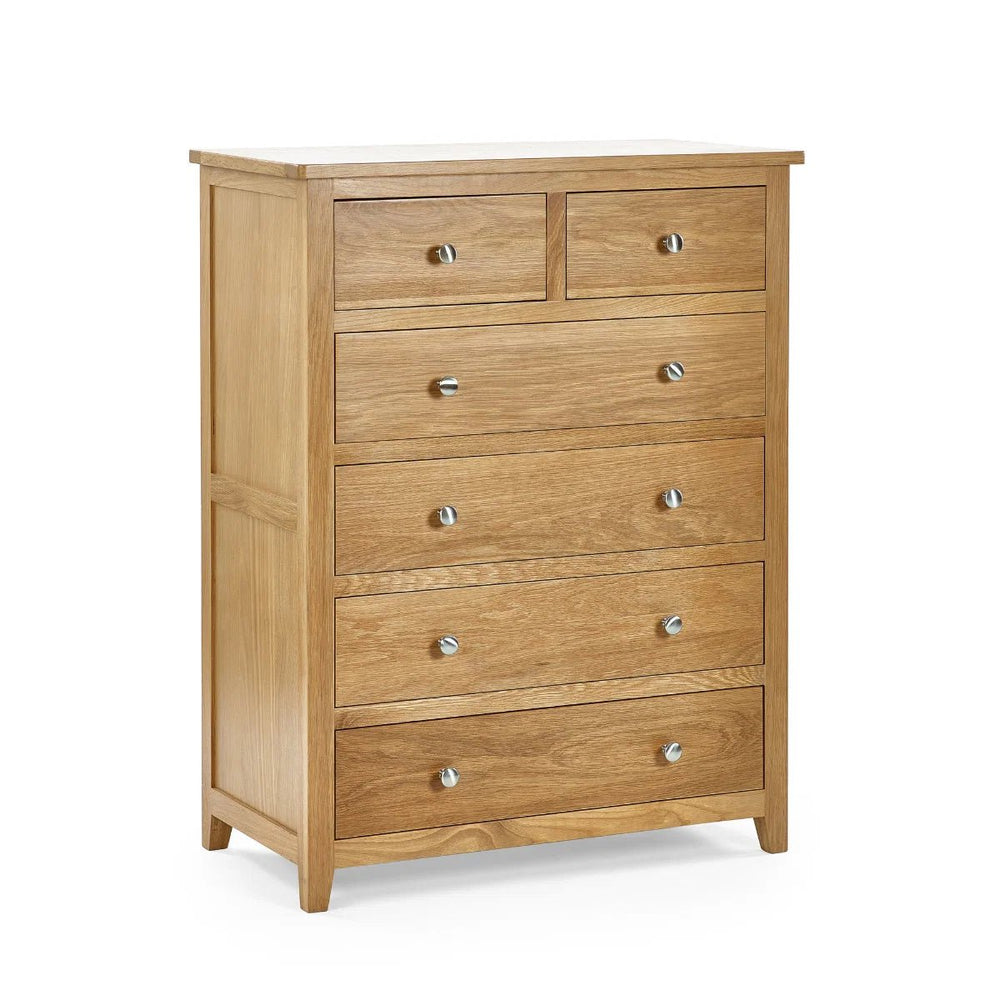 Mallory Solid Oak 6 Drawer Chest (4+2) – Oak Veneer Bedroom Storage Cabinet with Silver Knobs - Sleek Furniture
