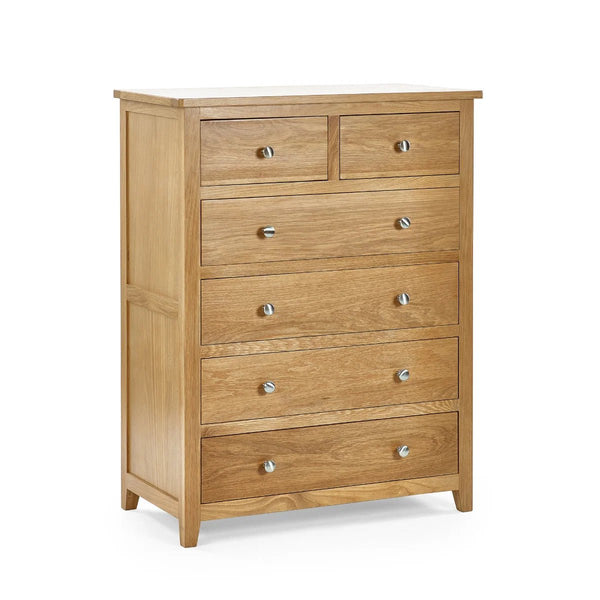 Mallory Solid Oak 6 Drawer Chest (4+2) – Oak Veneer Bedroom Storage Cabinet with Silver Knobs - Sleek Furniture