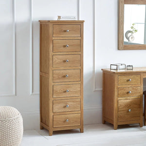 Mallory Solid Oak 7 Drawer Slim Chest – Narrow Wooden Bedroom Storage Cabinet with Oak Veneer Finish - Sleek Furniture