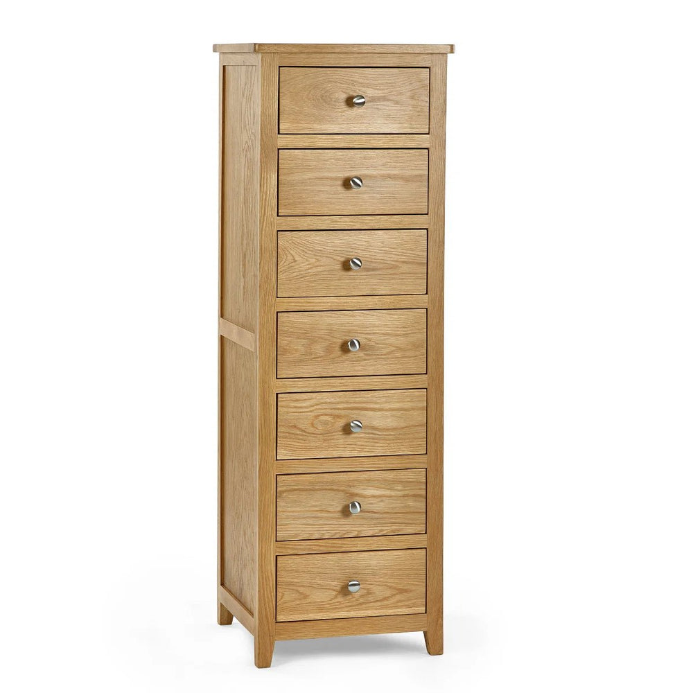 Mallory Solid Oak 7 Drawer Slim Chest – Narrow Wooden Bedroom Storage Cabinet with Oak Veneer Finish - Sleek Furniture