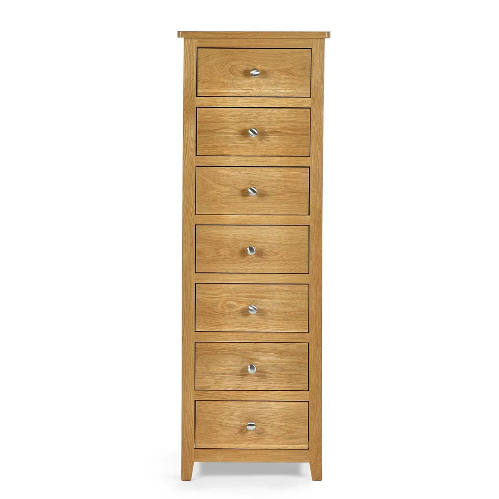 Mallory Solid Oak 7 Drawer Slim Chest – Narrow Wooden Bedroom Storage Cabinet with Oak Veneer Finish - Sleek Furniture