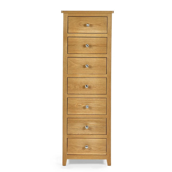 Mallory Solid Oak 7 Drawer Slim Chest – Narrow Wooden Bedroom Storage Cabinet with Oak Veneer Finish - Sleek Furniture