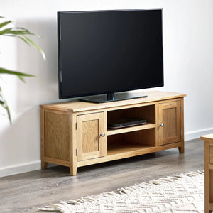 Mallory Solid Oak Widescreen TV Unit with 2 Cupboards & Open Shelves – FSC® Mix Certified - Sleek Furniture