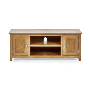 Mallory Solid Oak Widescreen TV Unit with 2 Cupboards & Open Shelves – FSC® Mix Certified - Sleek Furniture