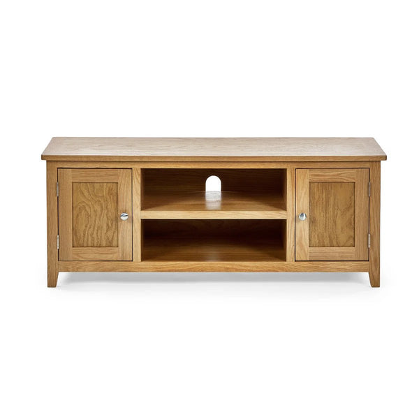 Mallory Solid Oak Widescreen TV Unit with 2 Cupboards & Open Shelves – FSC® Mix Certified - Sleek Furniture