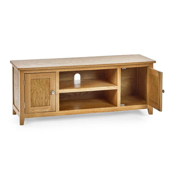 Mallory Solid Oak Widescreen TV Unit with 2 Cupboards & Open Shelves – FSC® Mix Certified - Sleek Furniture