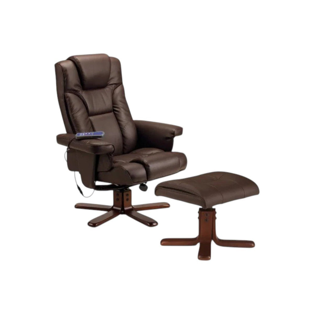 Malmo Faux Leather Massage Recliner Chair & Footstool with 8-Point Massage, Heated Lumbar Support & Swivel Base – Walnut Finish - Sleek Furniture