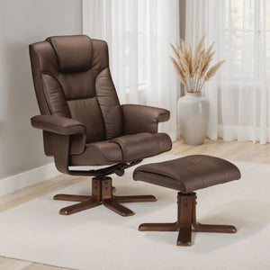 Malmo Faux Leather Swivel Recliner Chair & Matching Footstool with Walnut Finish Base - Sleek Furniture