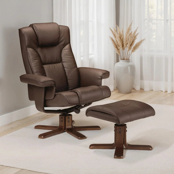 Malmo Faux Leather Swivel Recliner Chair & Matching Footstool with Walnut Finish Base - Sleek Furniture