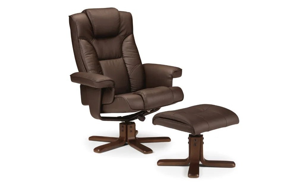 Malmo Faux Leather Swivel Recliner Chair & Matching Footstool with Walnut Finish Base - Sleek Furniture