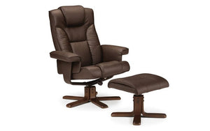 Malmo Faux Leather Swivel Recliner Chair & Matching Footstool with Walnut Finish Base - Sleek Furniture